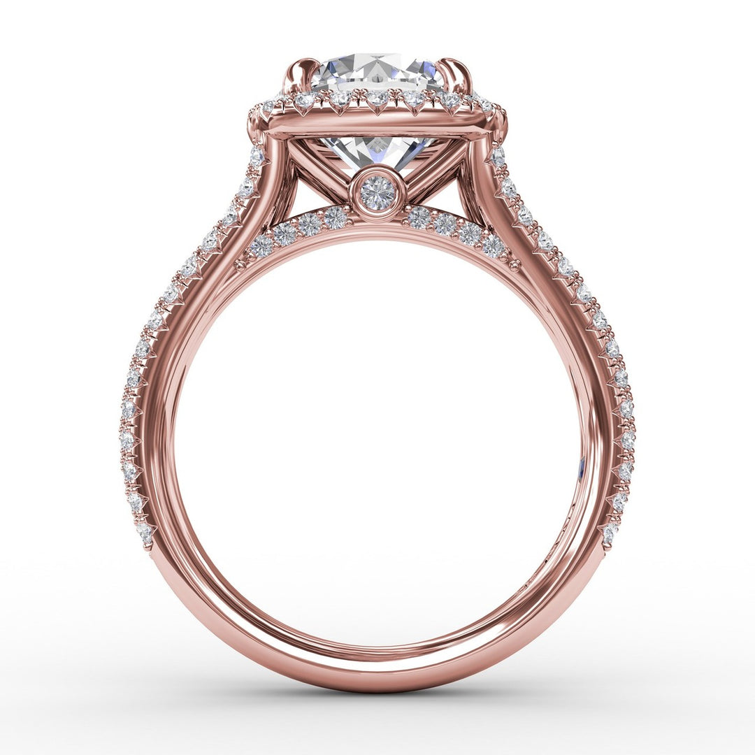 Round Diamond Engagement Ring With Cushion-Shaped Halo and Triple-Row Diamond Band