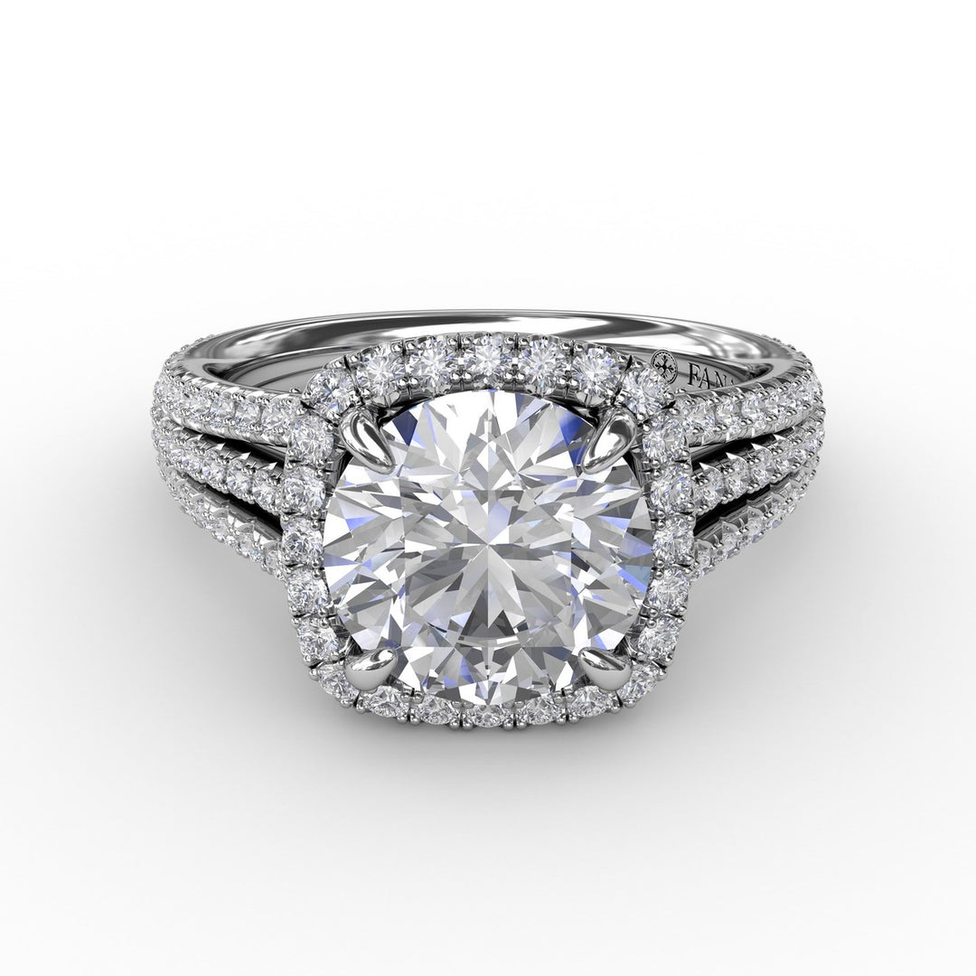 Round Diamond Engagement Ring With Cushion-Shaped Halo and Triple-Row Diamond Band