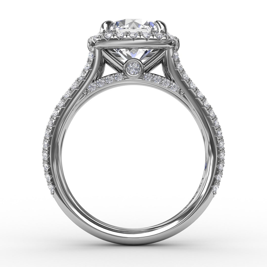 Round Diamond Engagement Ring With Cushion-Shaped Halo and Triple-Row Diamond Band
