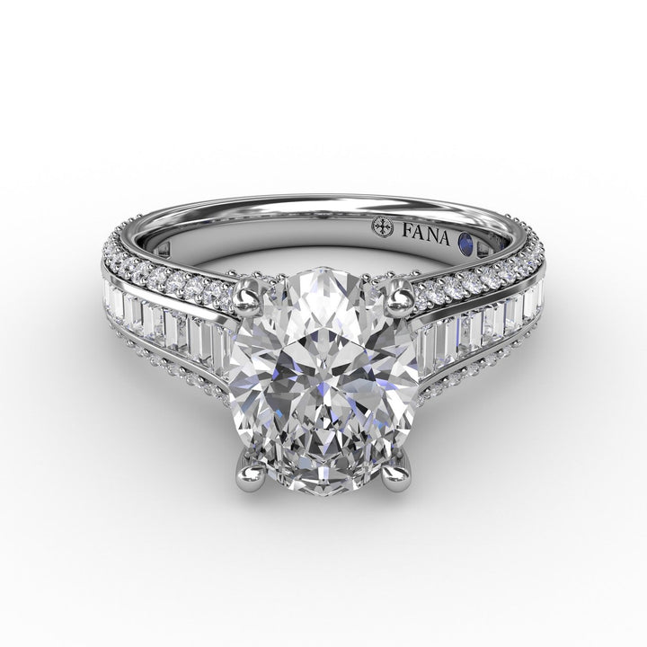 Oval Diamond Solitaire Engagement Ring With Baguettes and Pavé