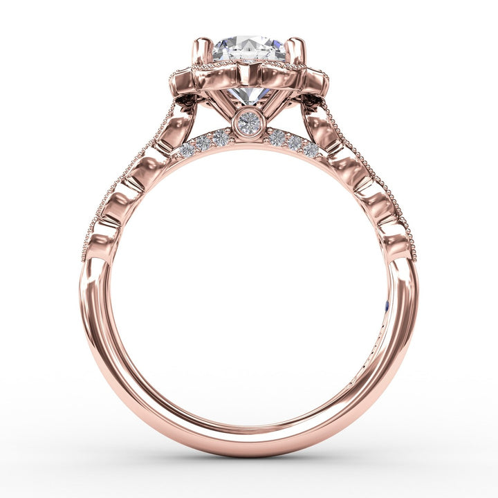Round Diamond Engagement With Floral Halo and Milgrain Details