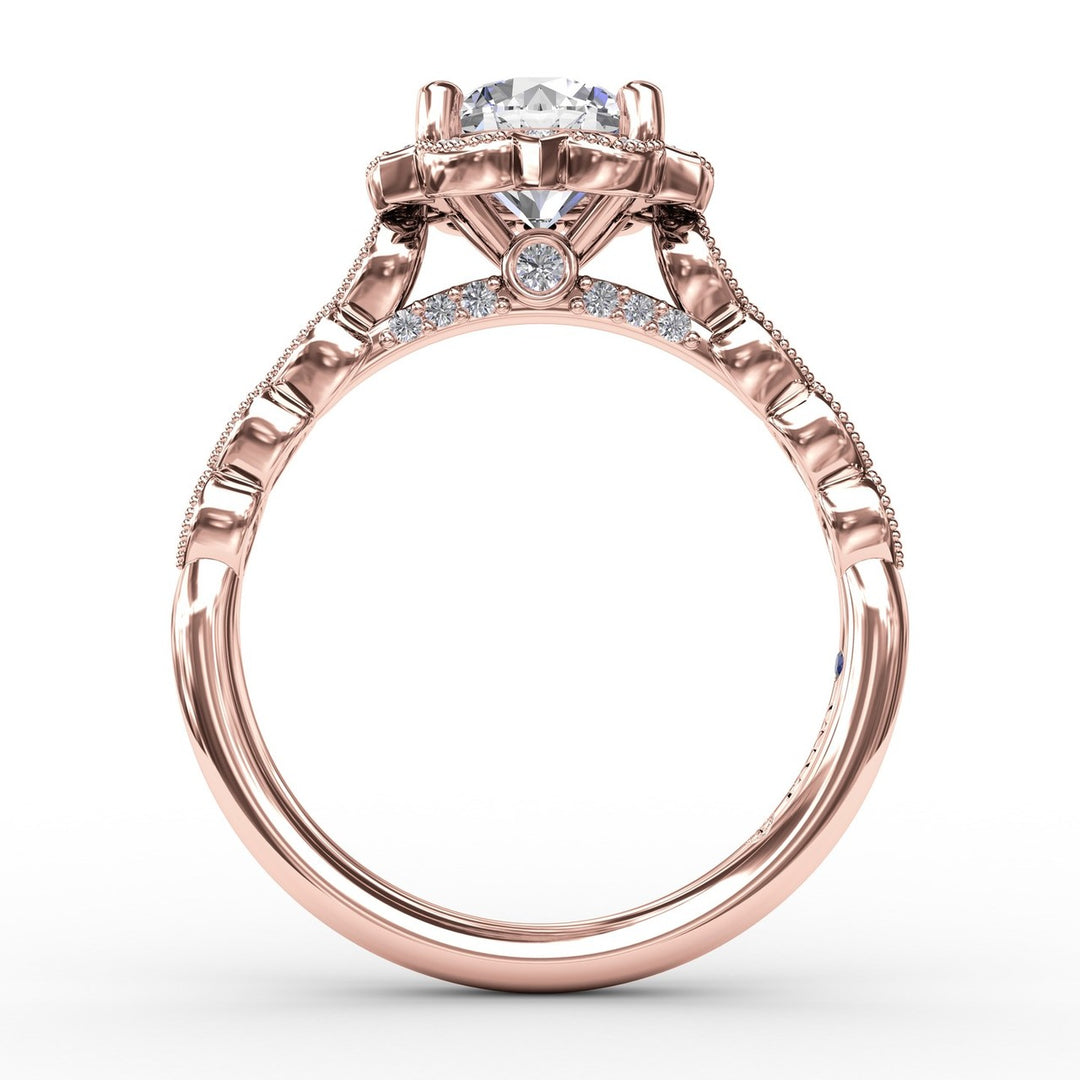 Round Diamond Engagement With Floral Halo and Milgrain Details