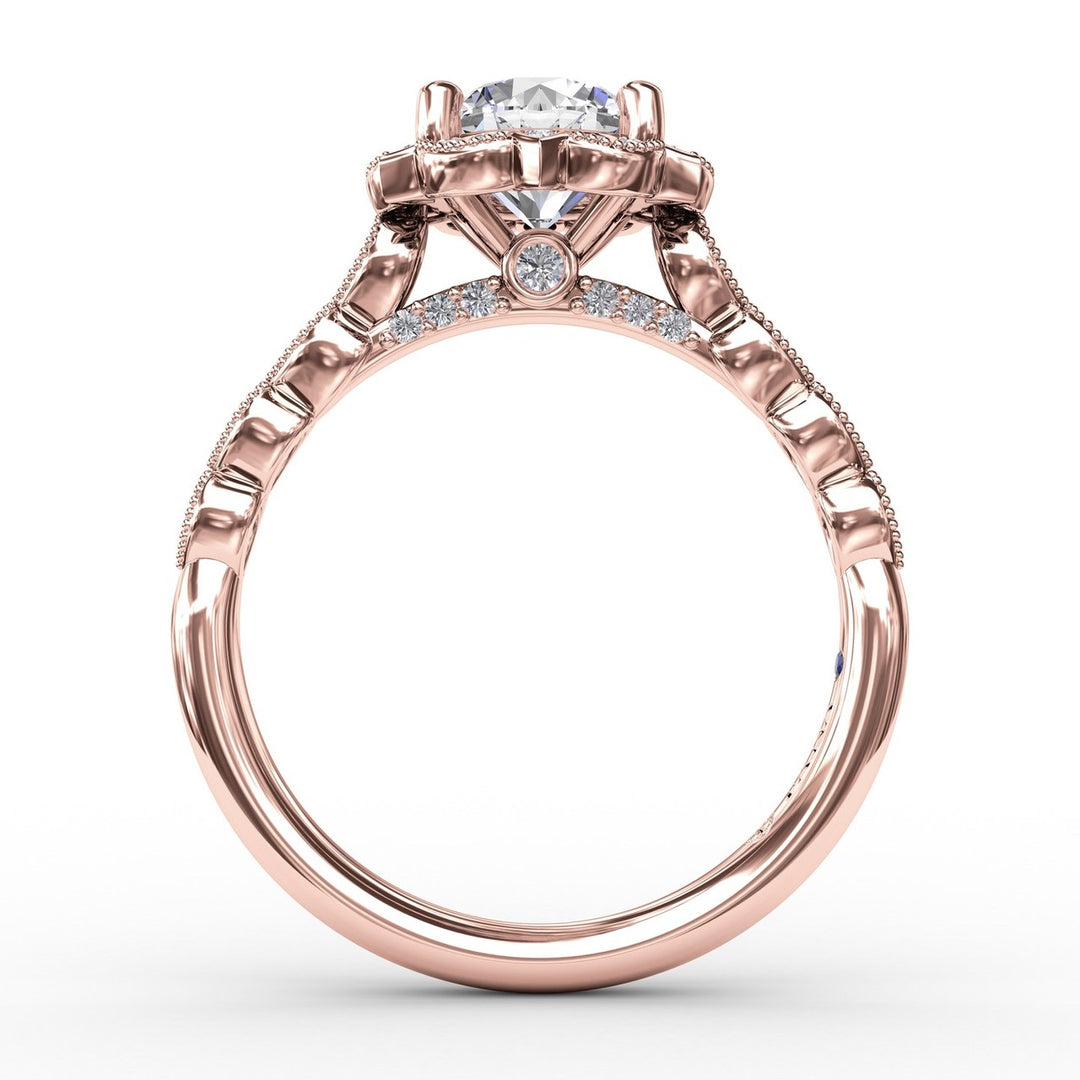 Round Diamond Engagement With Floral Halo and Milgrain Details