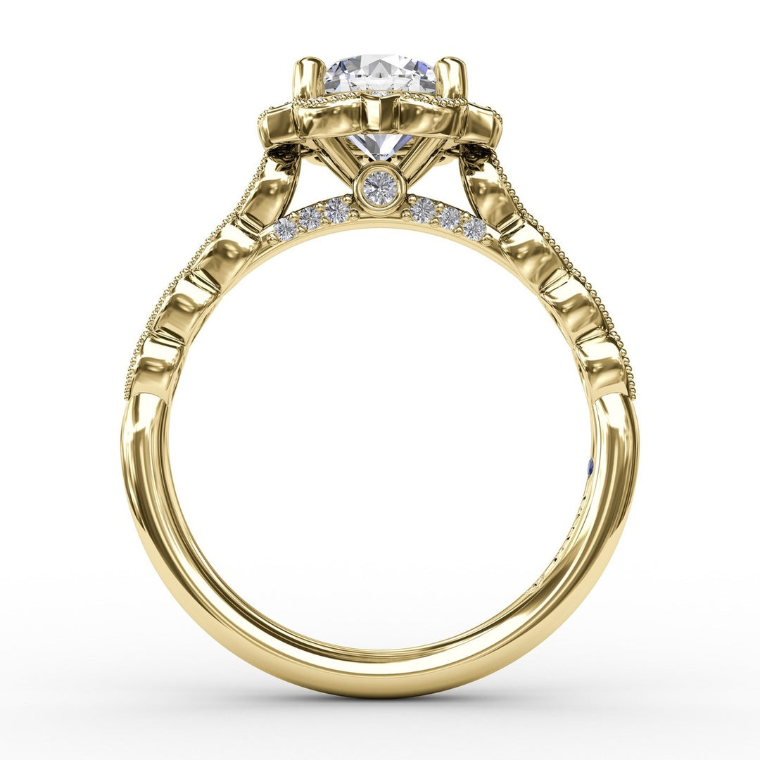Round Diamond Engagement With Floral Halo and Milgrain Details