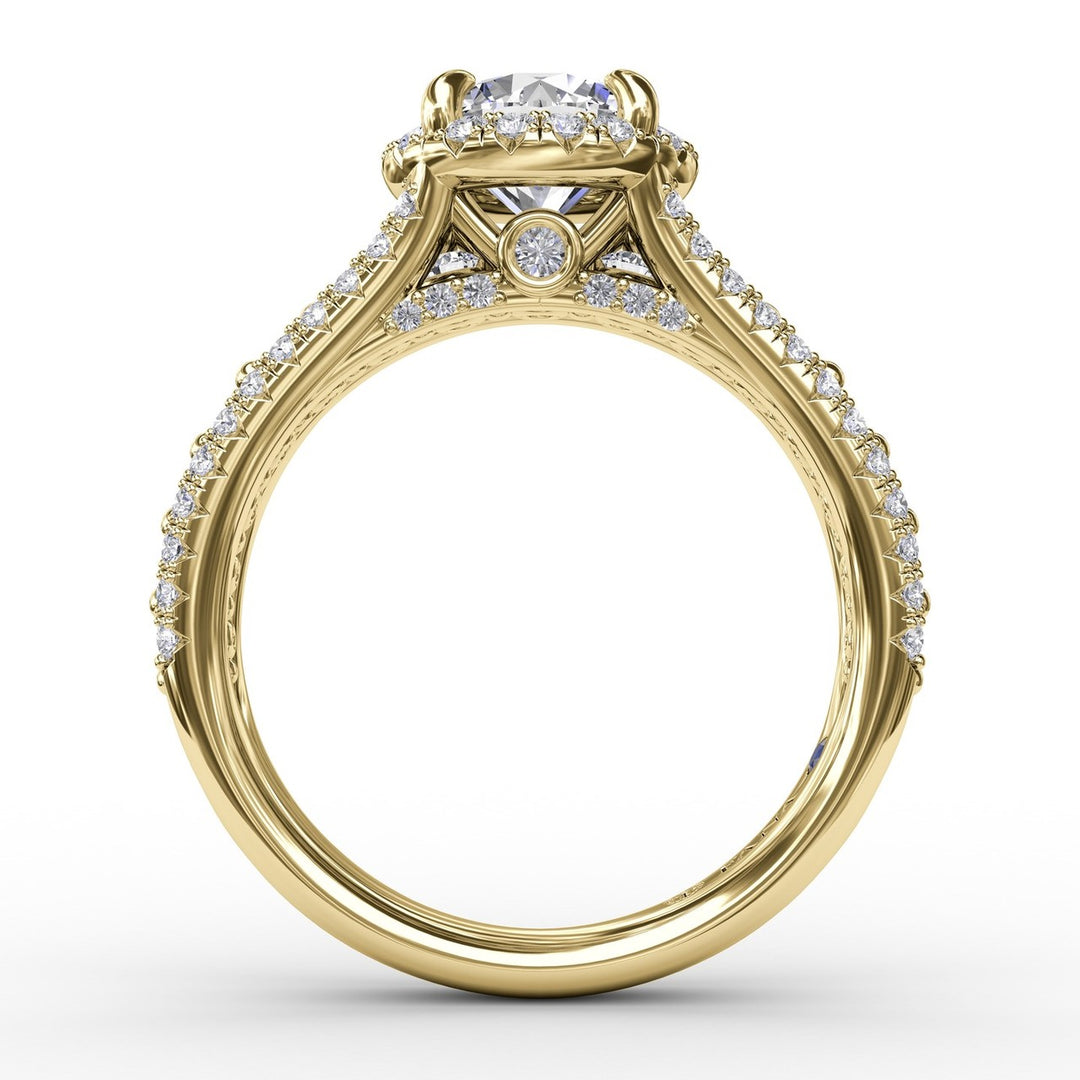 Classic Round Diamond Halo Engagement Ring With Triple-Row Diamond Band