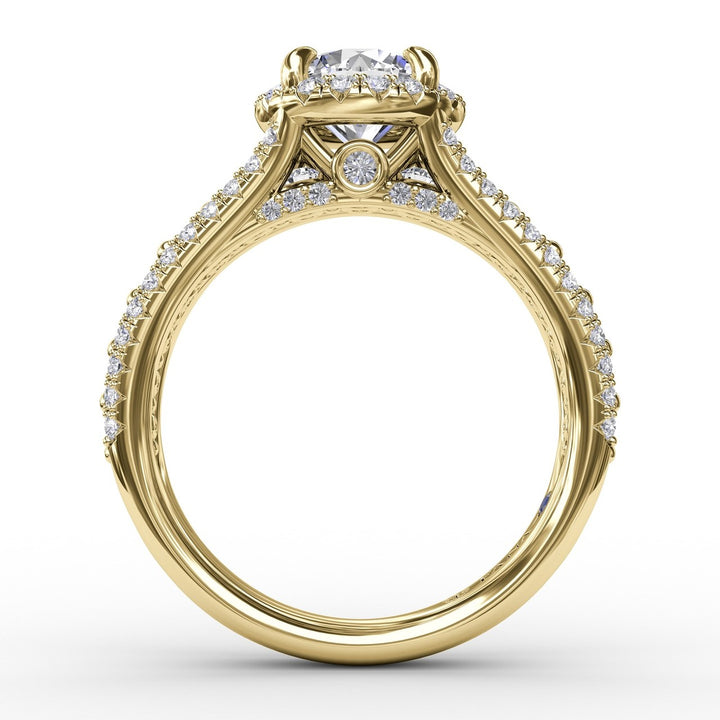 Classic Round Diamond Halo Engagement Ring With Triple-Row Diamond Band