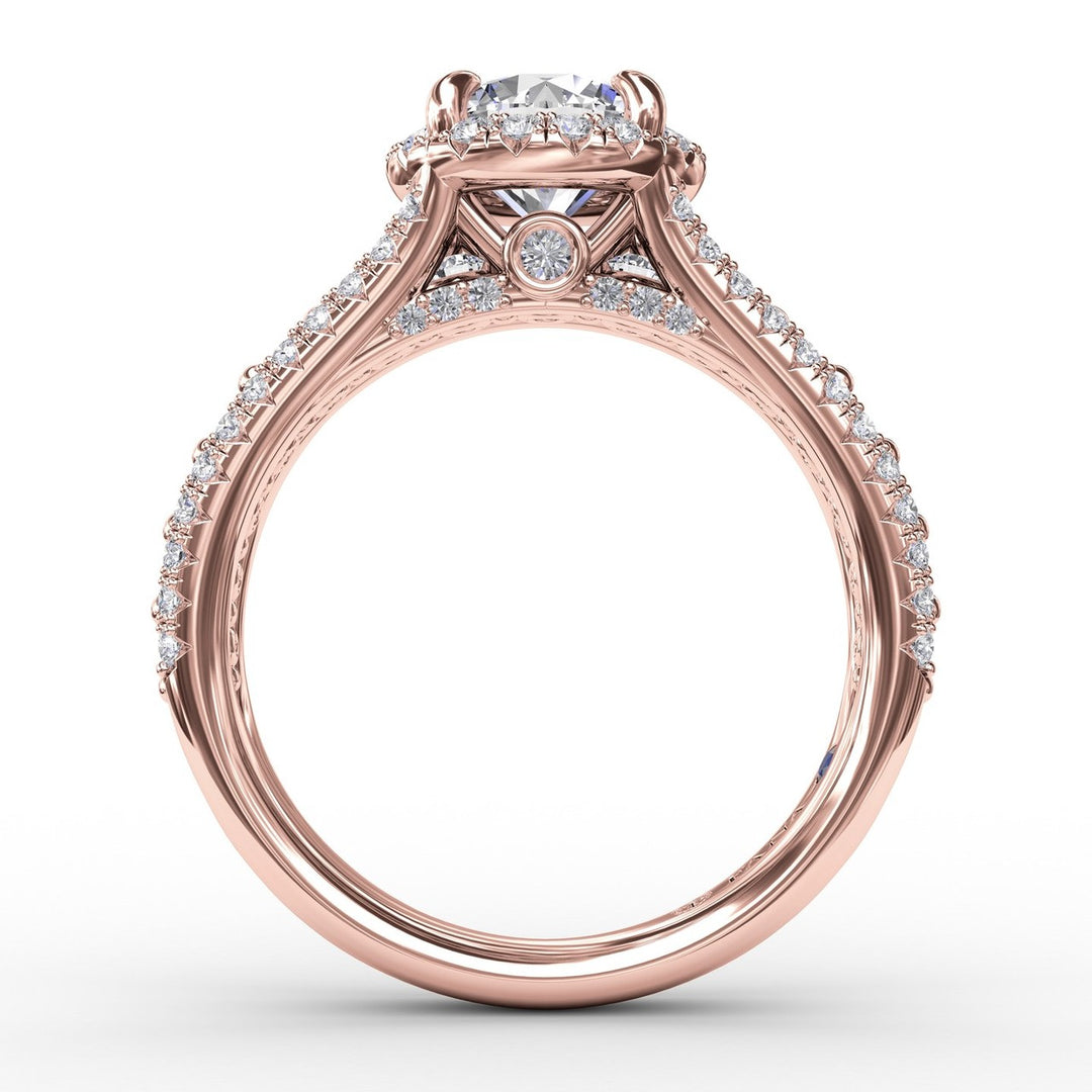 Classic Round Diamond Halo Engagement Ring With Triple-Row Diamond Band