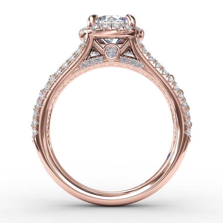 Classic Round Diamond Halo Engagement Ring With Triple-Row Diamond Band
