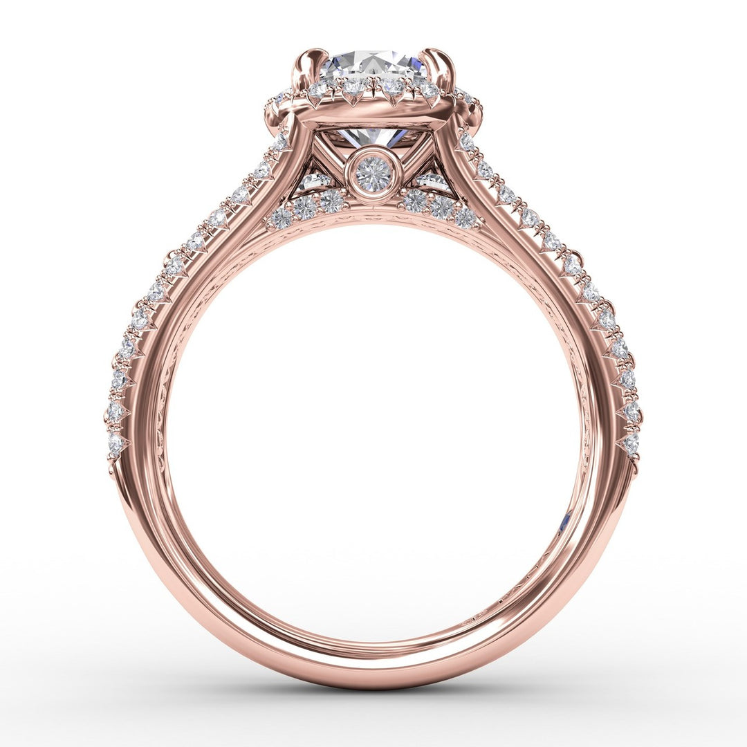Classic Round Diamond Halo Engagement Ring With Triple-Row Diamond Band