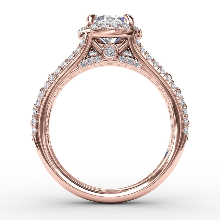 Classic Round Diamond Halo Engagement Ring With Triple-Row Diamond Band