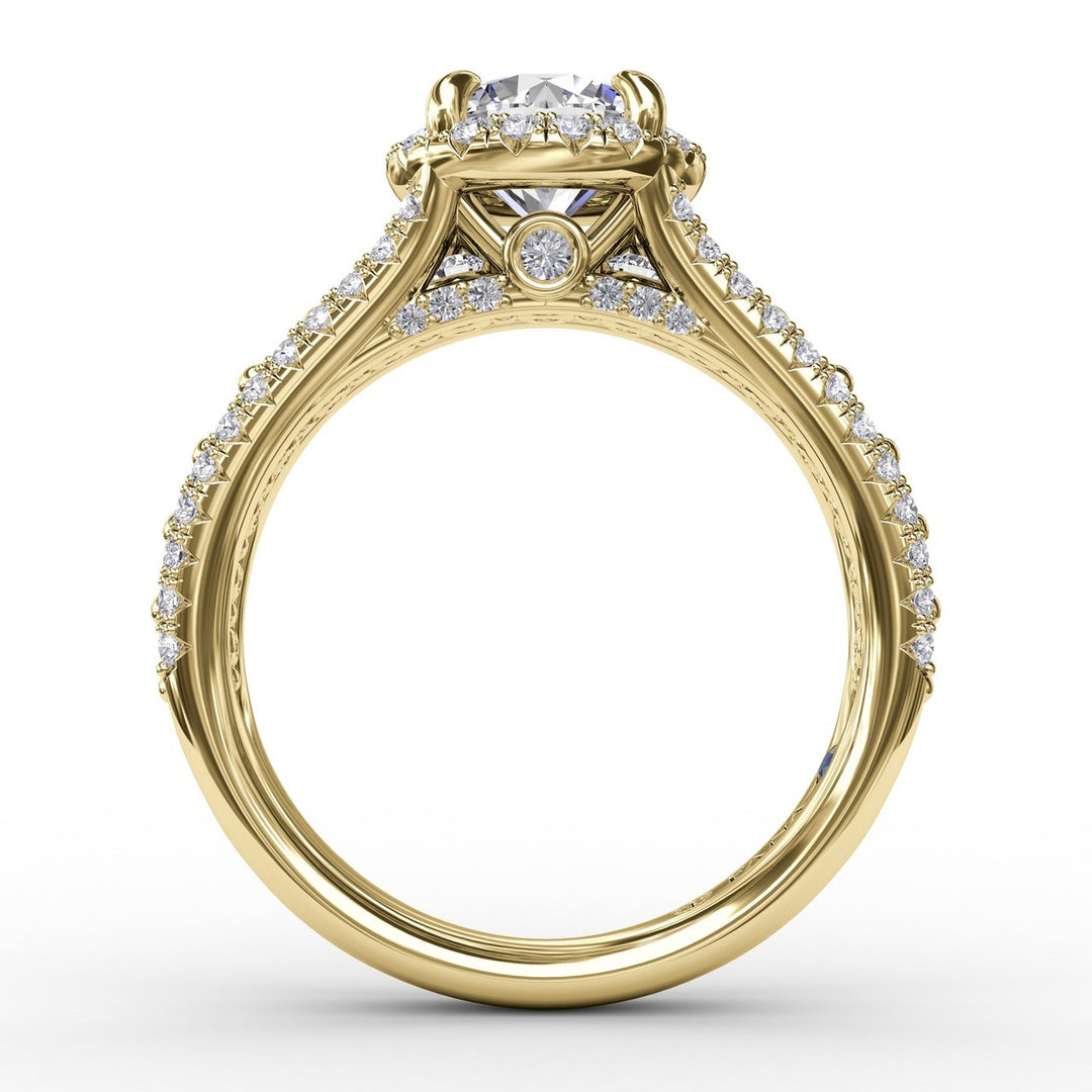 Classic Round Diamond Halo Engagement Ring With Triple-Row Diamond Band