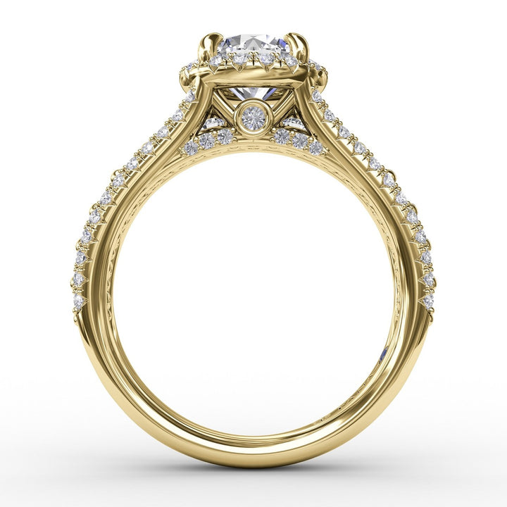 Classic Round Diamond Halo Engagement Ring With Triple-Row Diamond Band