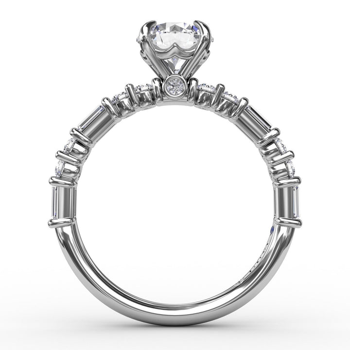 Contemporary Diamond Solitaire Engagement Ring With Baguettes and Round Diamond Accents