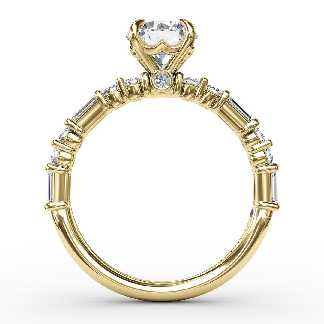 Contemporary Diamond Solitaire Engagement Ring With Baguettes and Round Diamond Accents