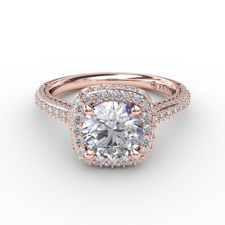 Cushion-Shaped Waterfall Halo Engagement Ring With PavÃ© Band