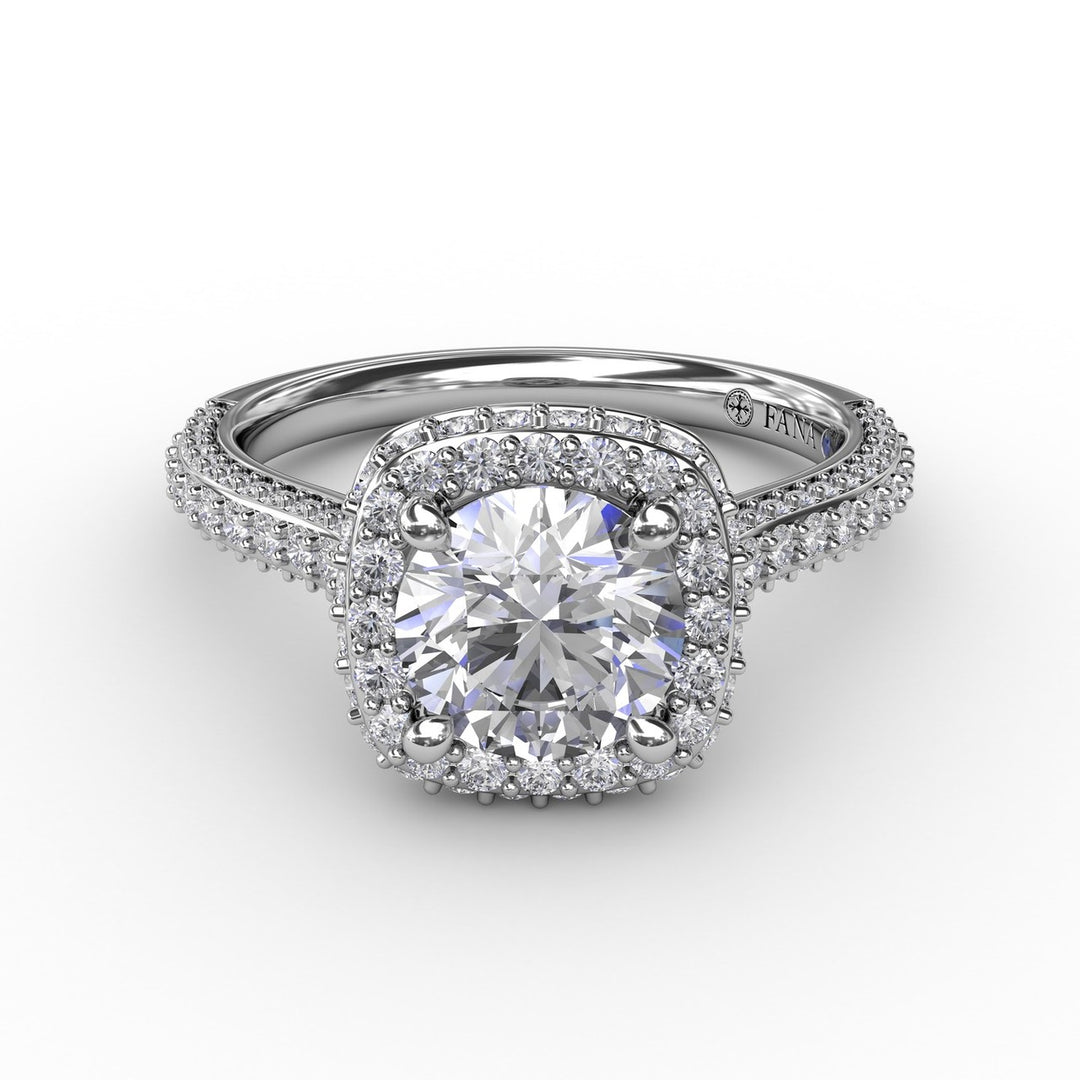 Cushion-Shaped Waterfall Halo Engagement Ring With Pavé Band