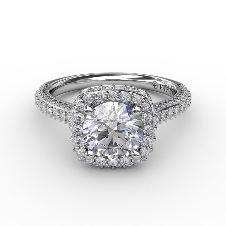 Cushion-Shaped Waterfall Halo Engagement Ring With PavÃ© Band