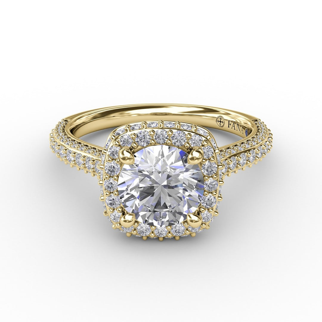 Cushion-Shaped Waterfall Halo Engagement Ring With PavÃ© Band