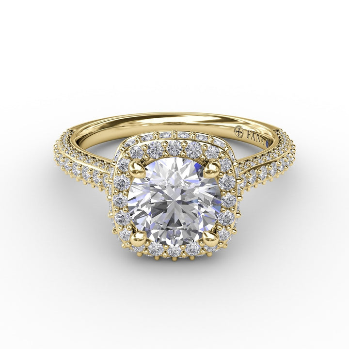 Cushion-Shaped Waterfall Halo Engagement Ring With PavÃ© Band