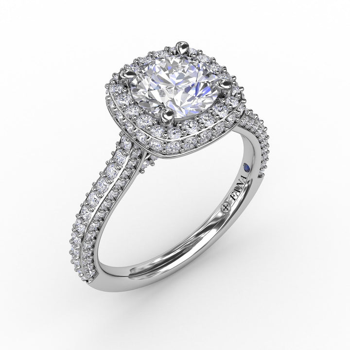 Cushion-Shaped Waterfall Halo Engagement Ring With Pavé Band