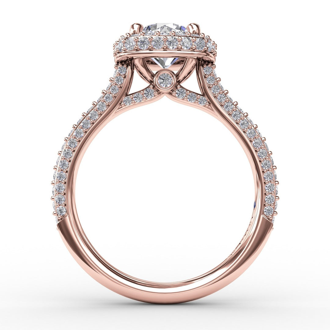 Cushion-Shaped Waterfall Halo Engagement Ring With PavÃ© Band