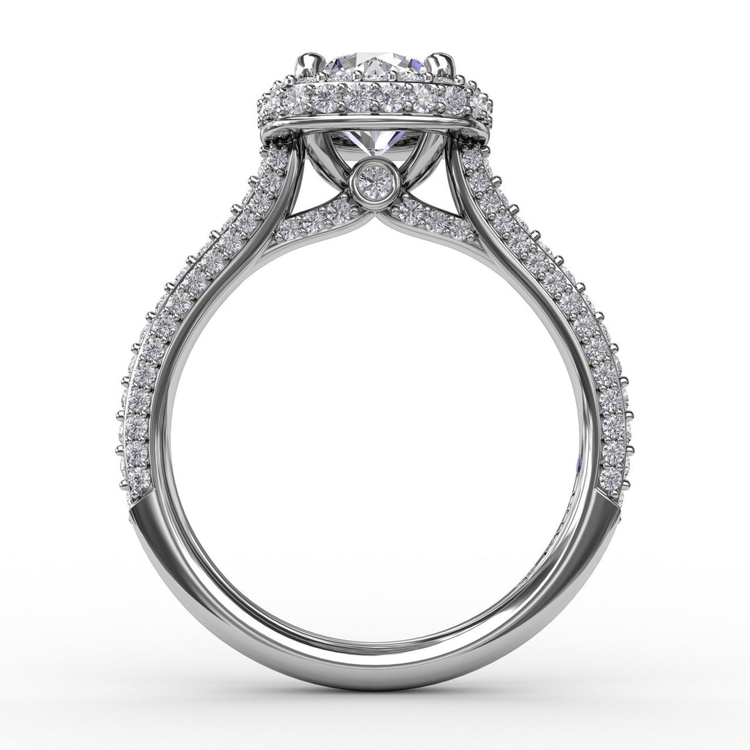 Cushion-Shaped Waterfall Halo Engagement Ring With PavÃ© Band