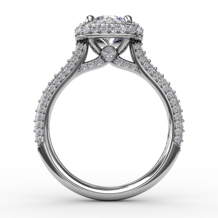 Cushion-Shaped Waterfall Halo Engagement Ring With PavÃ© Band