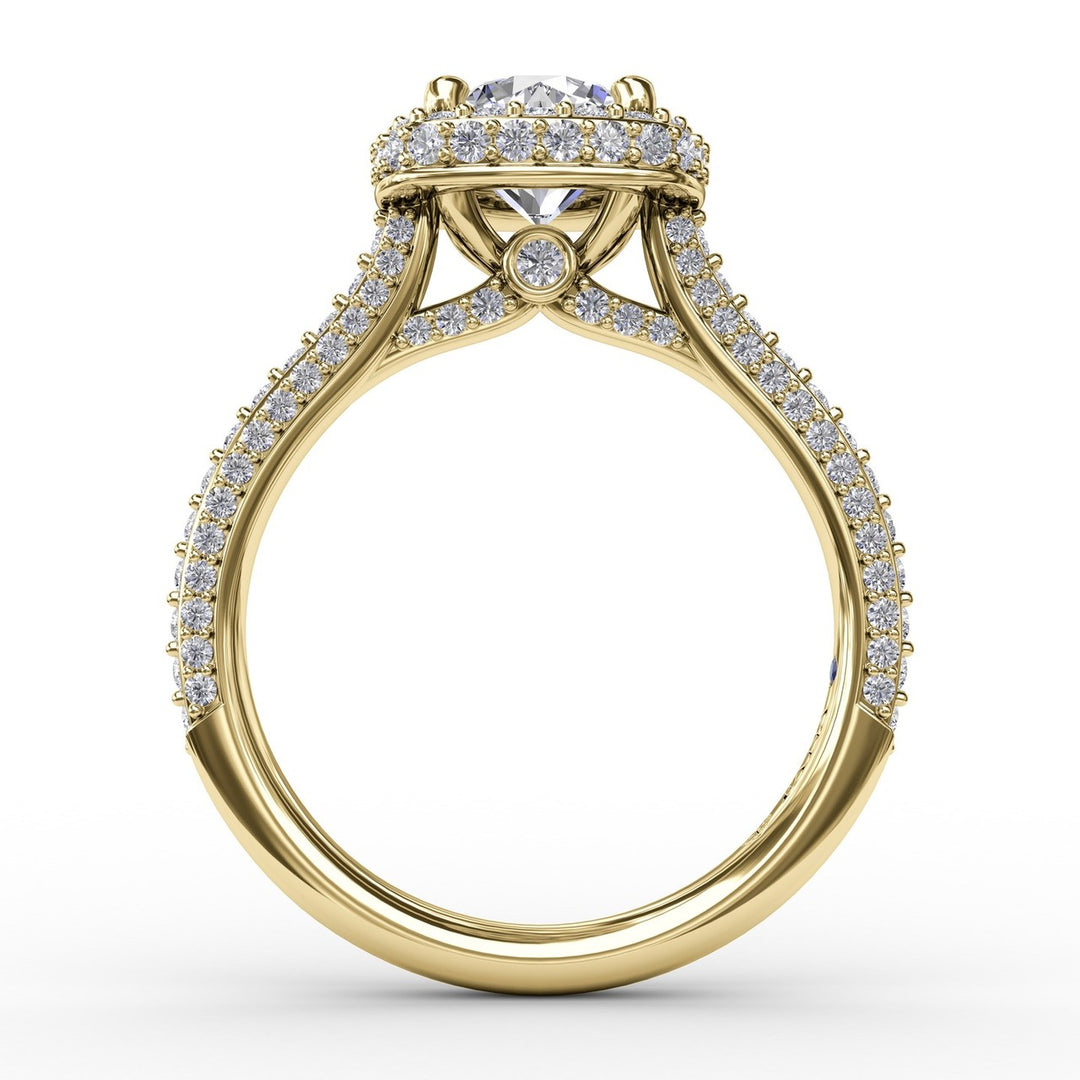 Cushion-Shaped Waterfall Halo Engagement Ring With PavÃ© Band