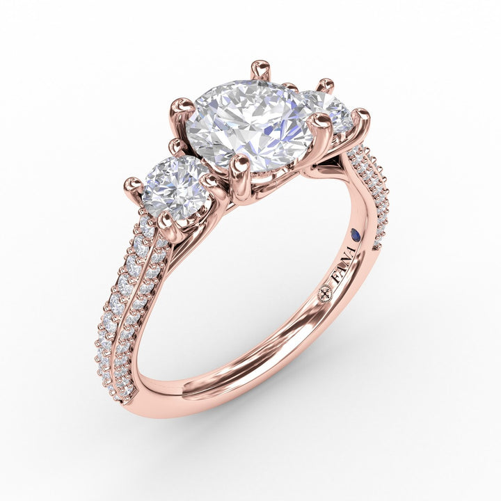 Classic Three-Stone Round Diamond Engagement Ring With Pav? Band