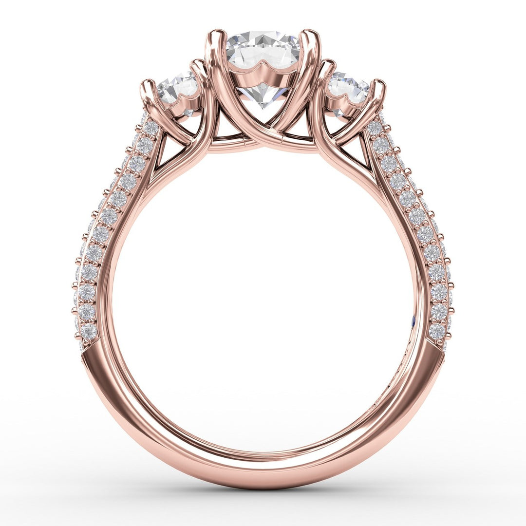 Classic Three-Stone Round Diamond Engagement Ring With Pav? Band