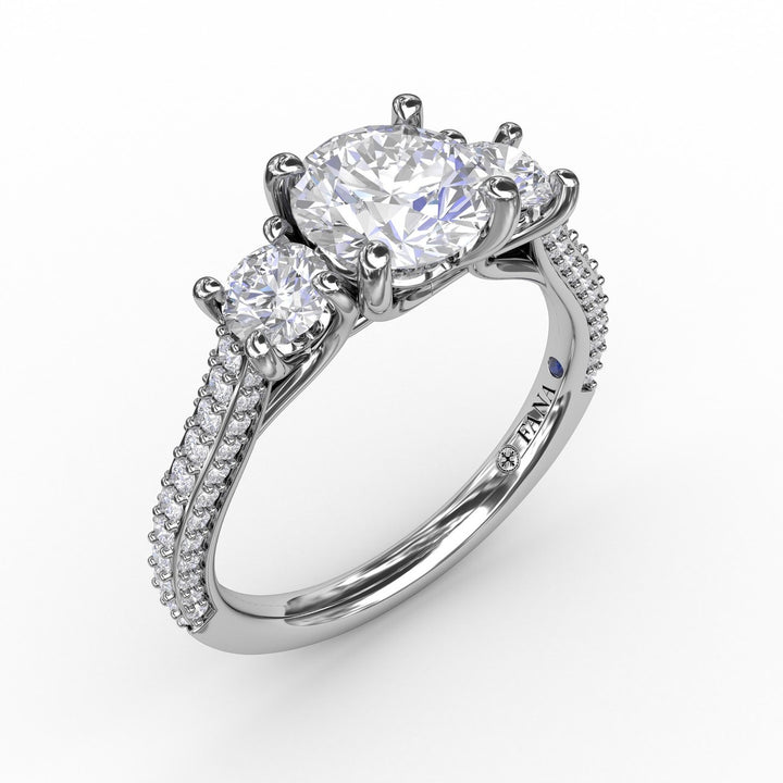 Classic Three-Stone Round Diamond Engagement Ring With Pav? Band