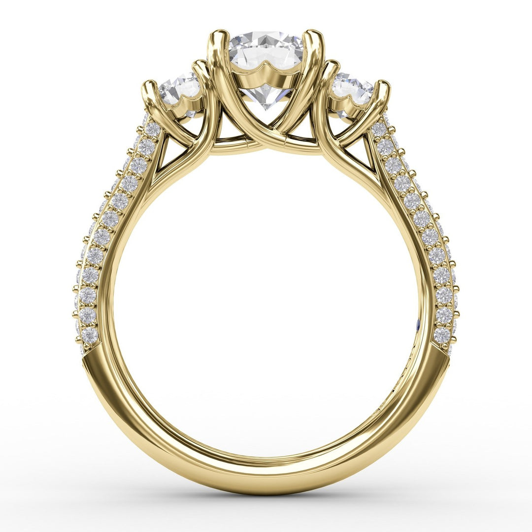 Classic Three-Stone Round Diamond Engagement Ring With Pav? Band