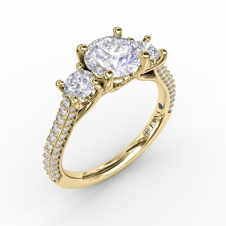 Classic Three-Stone Round Diamond Engagement Ring With Pav? Band