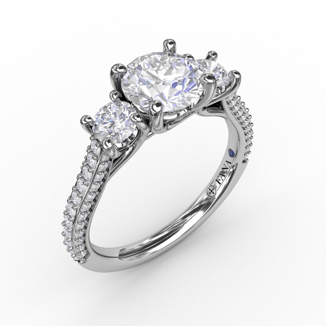 Classic Three-Stone Round Diamond Engagement Ring With Pav? Band