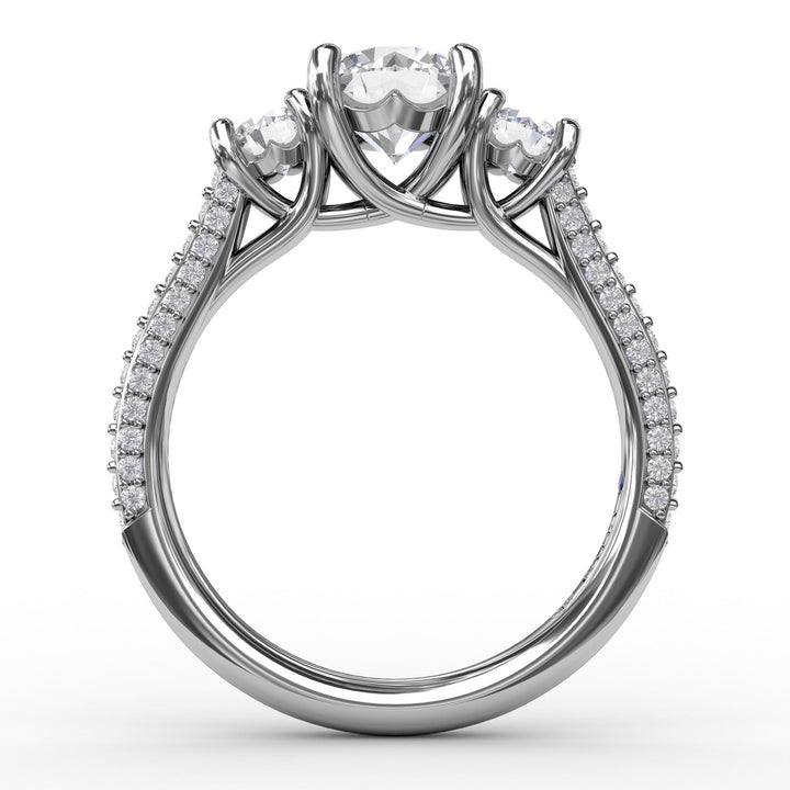 Classic Three-Stone Round Diamond Engagement Ring With Pav? Band