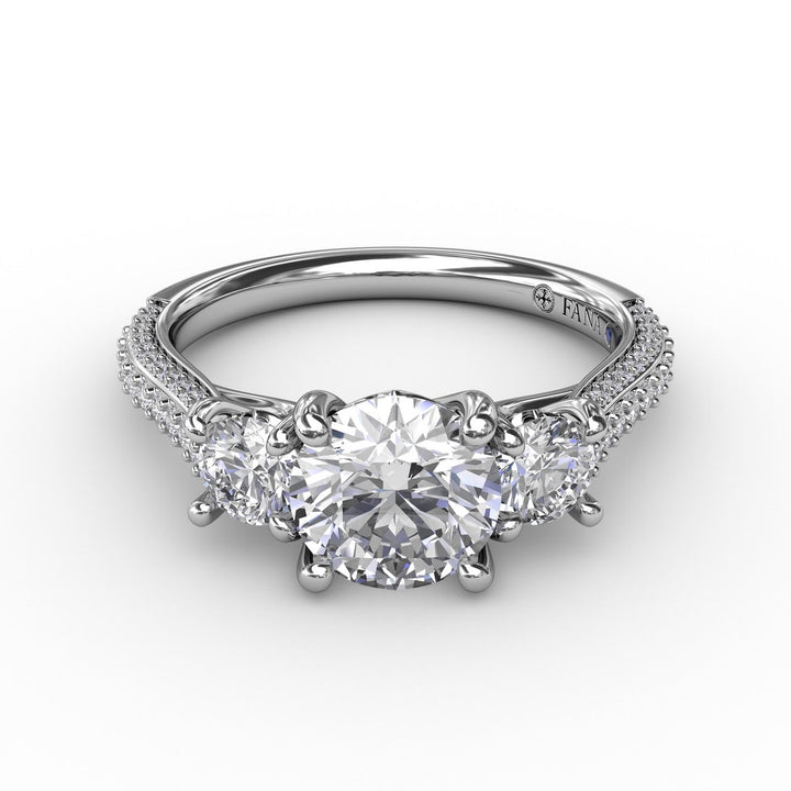 Classic Three-Stone Round Diamond Engagement Ring With Pavé Band