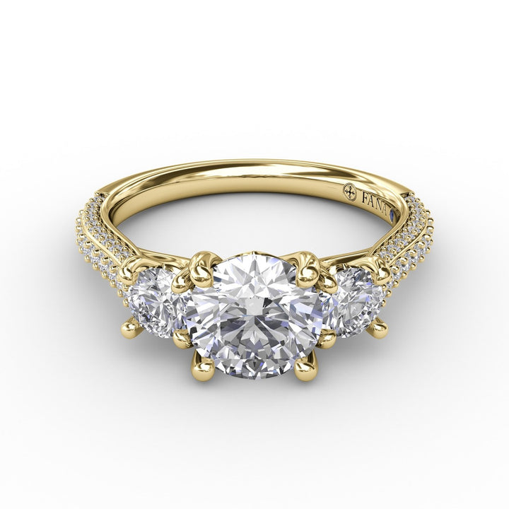 Classic Three-Stone Round Diamond Engagement Ring With PavÃ© Band