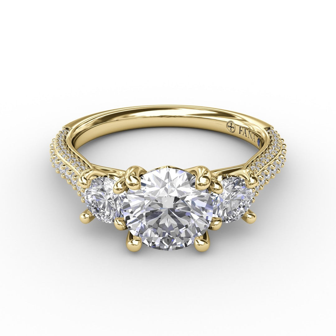 Classic Three-Stone Round Diamond Engagement Ring With Pavé Band