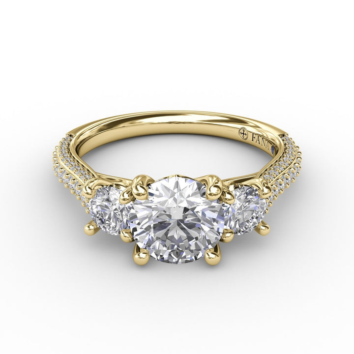 Classic Three-Stone Round Diamond Engagement Ring With Pavé Band