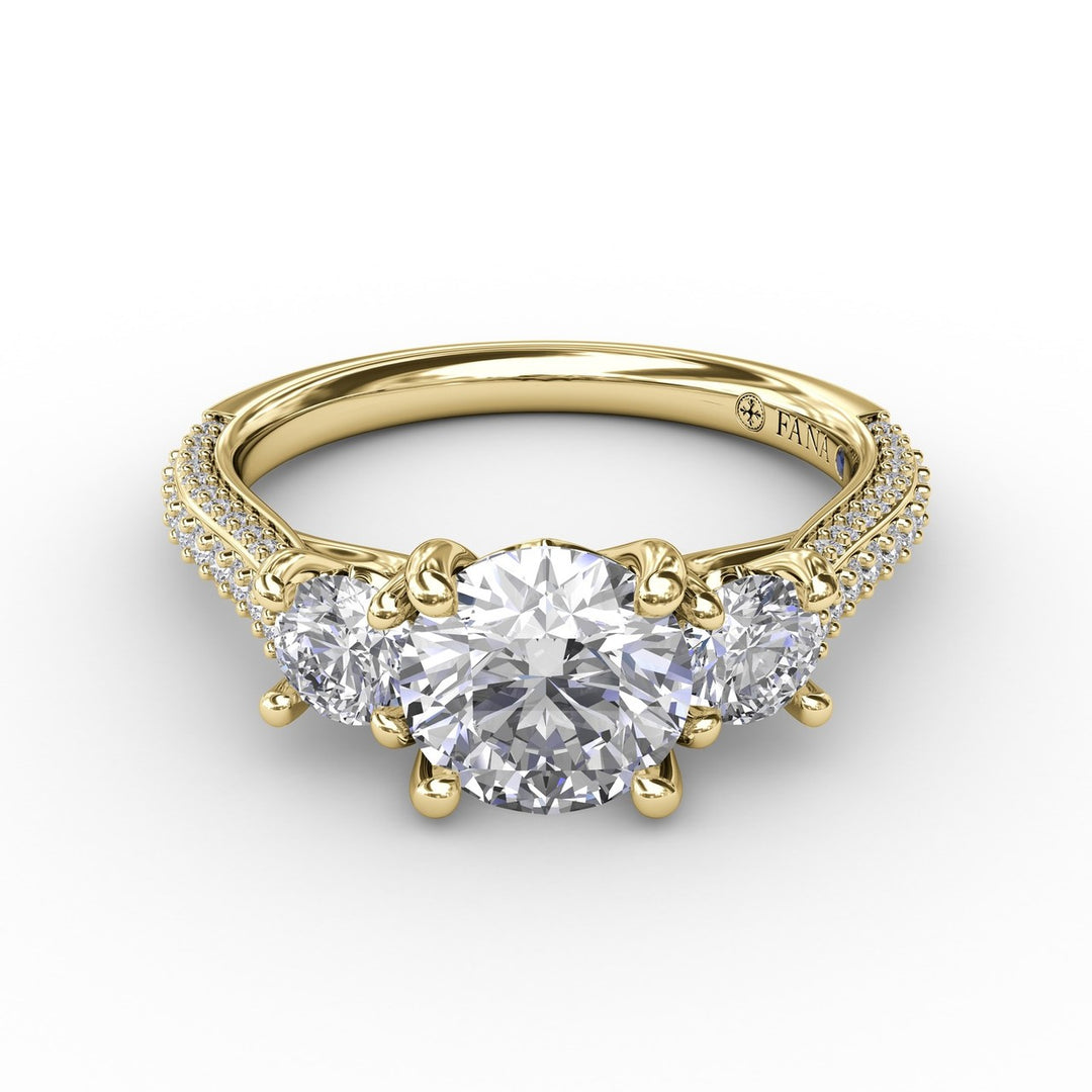 Classic Three-Stone Round Diamond Engagement Ring With PavÃ© Band