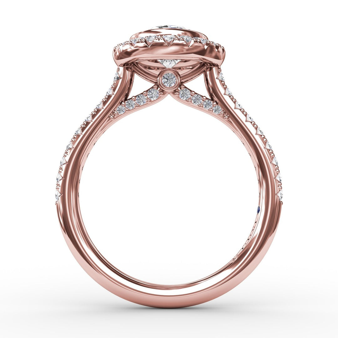 Classic Oval Diamond Halo Engagement Ring With Diamond Band