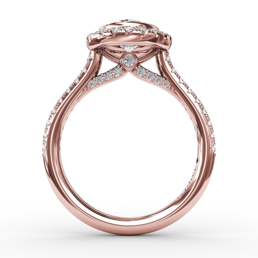 Classic Oval Diamond Halo Engagement Ring With Diamond Band