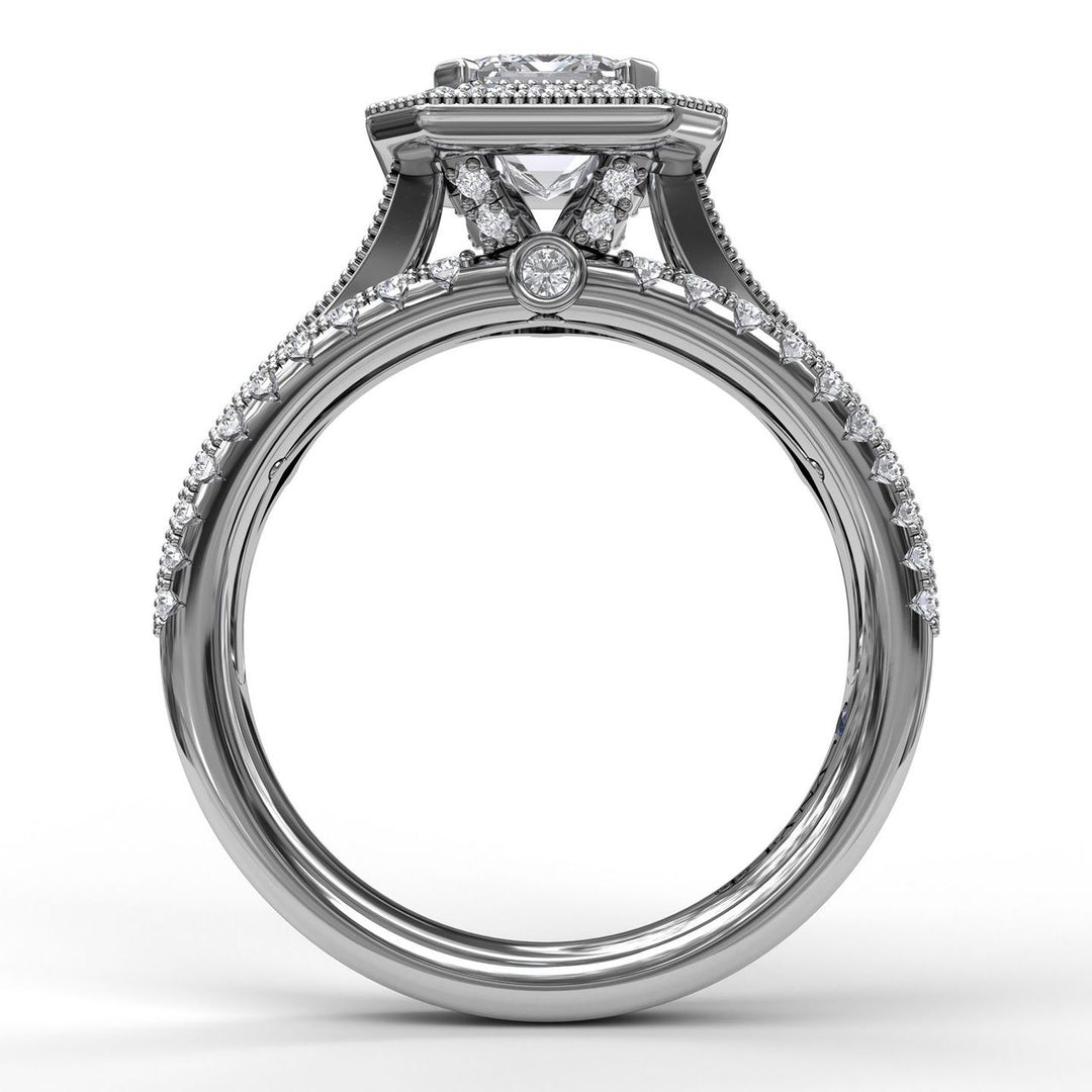Classic Radiant Halo With Triple Pave Band Engagement Ring