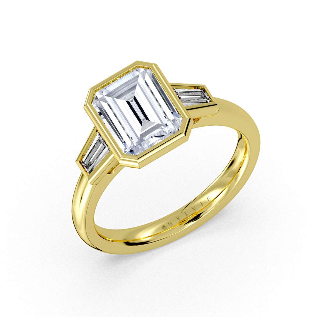 Emerald Cut Bezel Tapered Baguette Three Stone Engagement Ring - Amara
