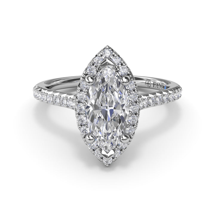 Delicate Marquise Halo And Pave Band Engagement Ring