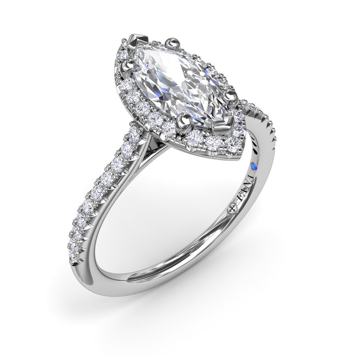 Delicate Marquise Halo And Pave Band Engagement Ring