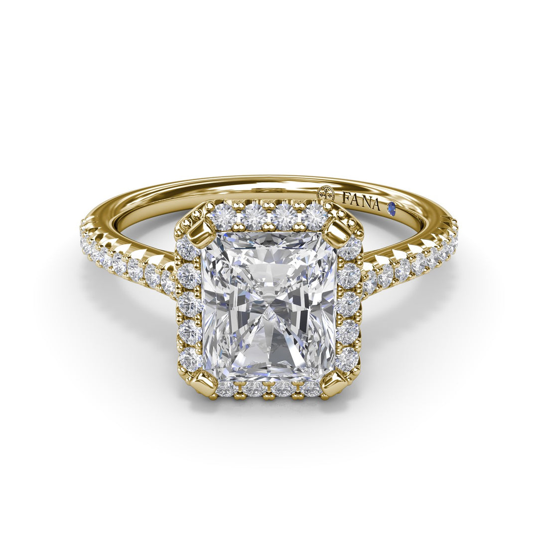 Delicate Radiant Halo And Pave Band Engagement Ring