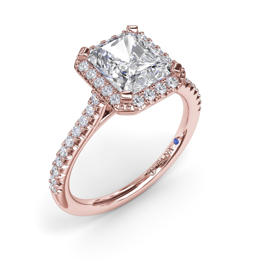 Delicate Radiant Halo And Pave Band Engagement Ring