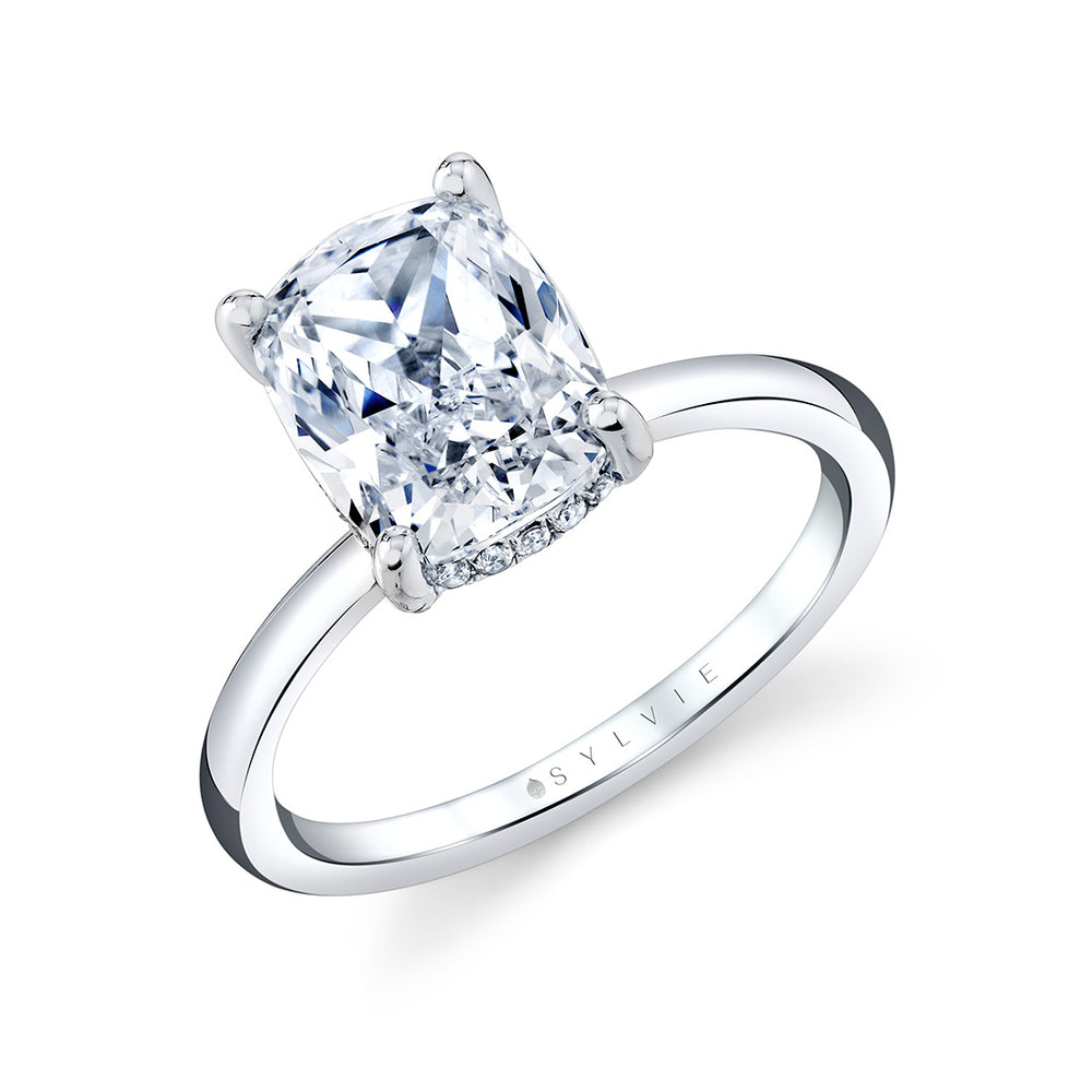 Cushion Cut Solitaire Hidden Halo Engagement Ring - Elin