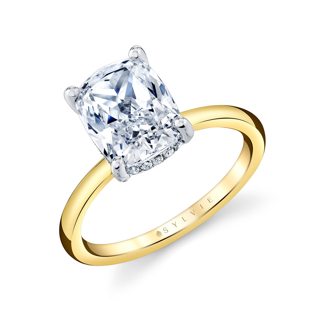 Cushion Cut Solitaire Hidden Halo Engagement Ring - Elin